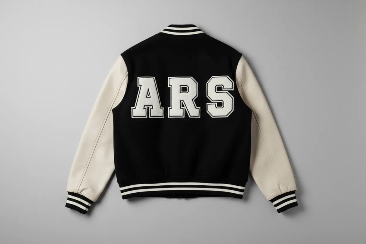Broderie sur blouson et veste : varsity noir brodé ARS au dos