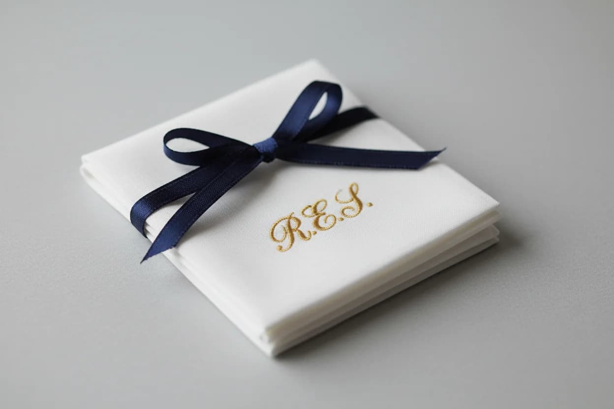 Broderie cadeau personnalisé : linge blanc aux initiales R.E.S. dorées, ruban marine