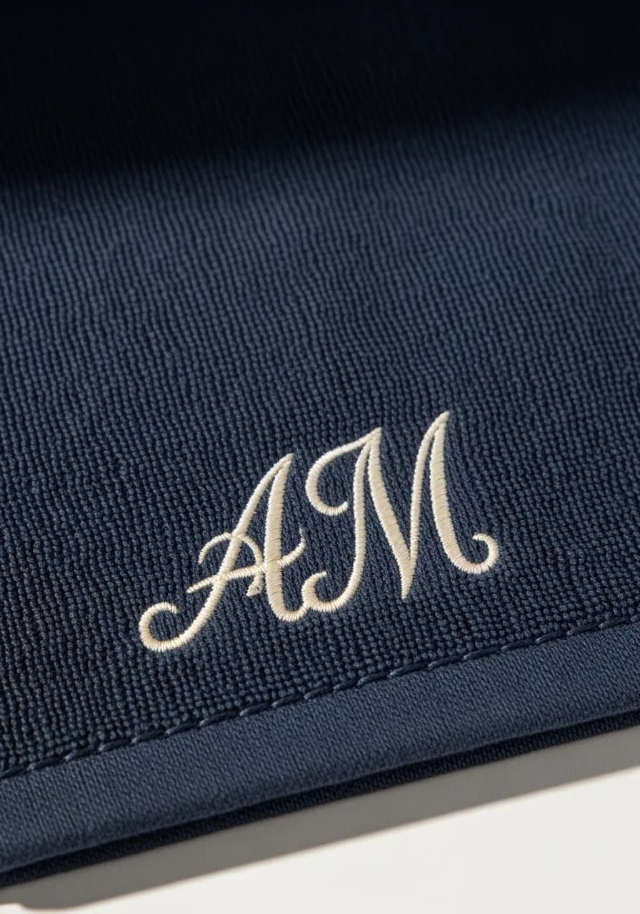 Broderie cadeau personnalisé : monogramme AM crème sur serviette marine