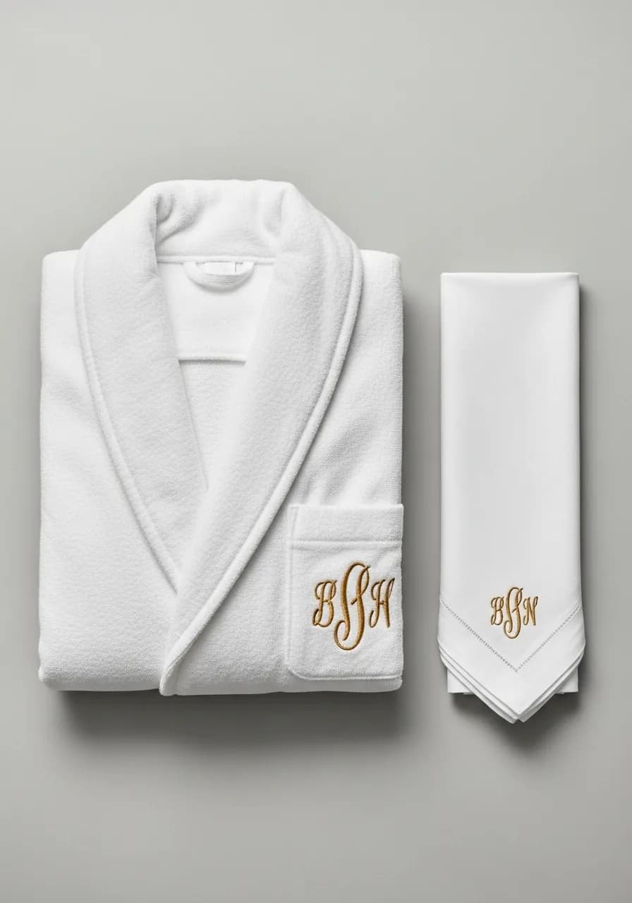 Broderie cadeau personnalisé : peignoir blanc et serviette au monogramme doré