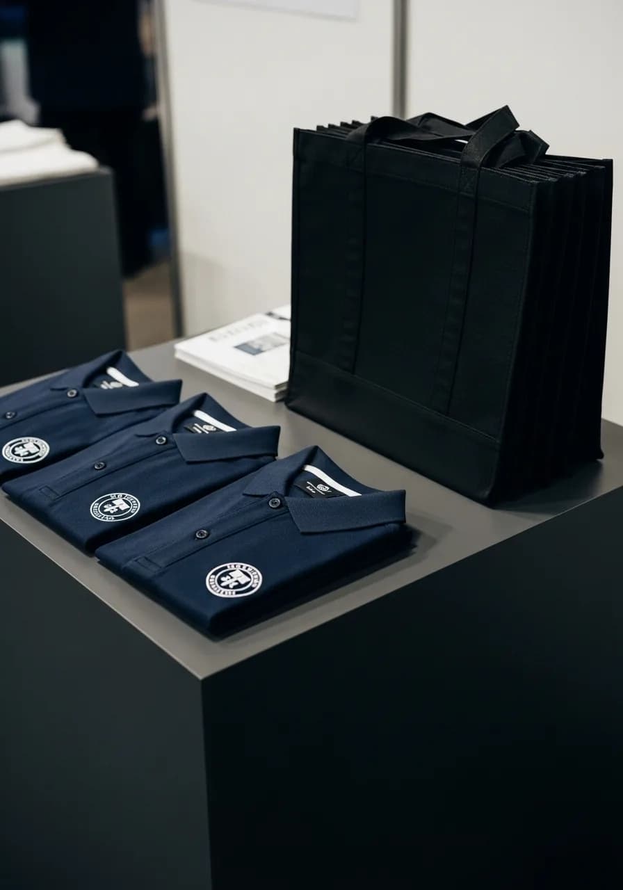 Broderie pour événement d'entreprise : polos marine brodés sur un salon professionnel