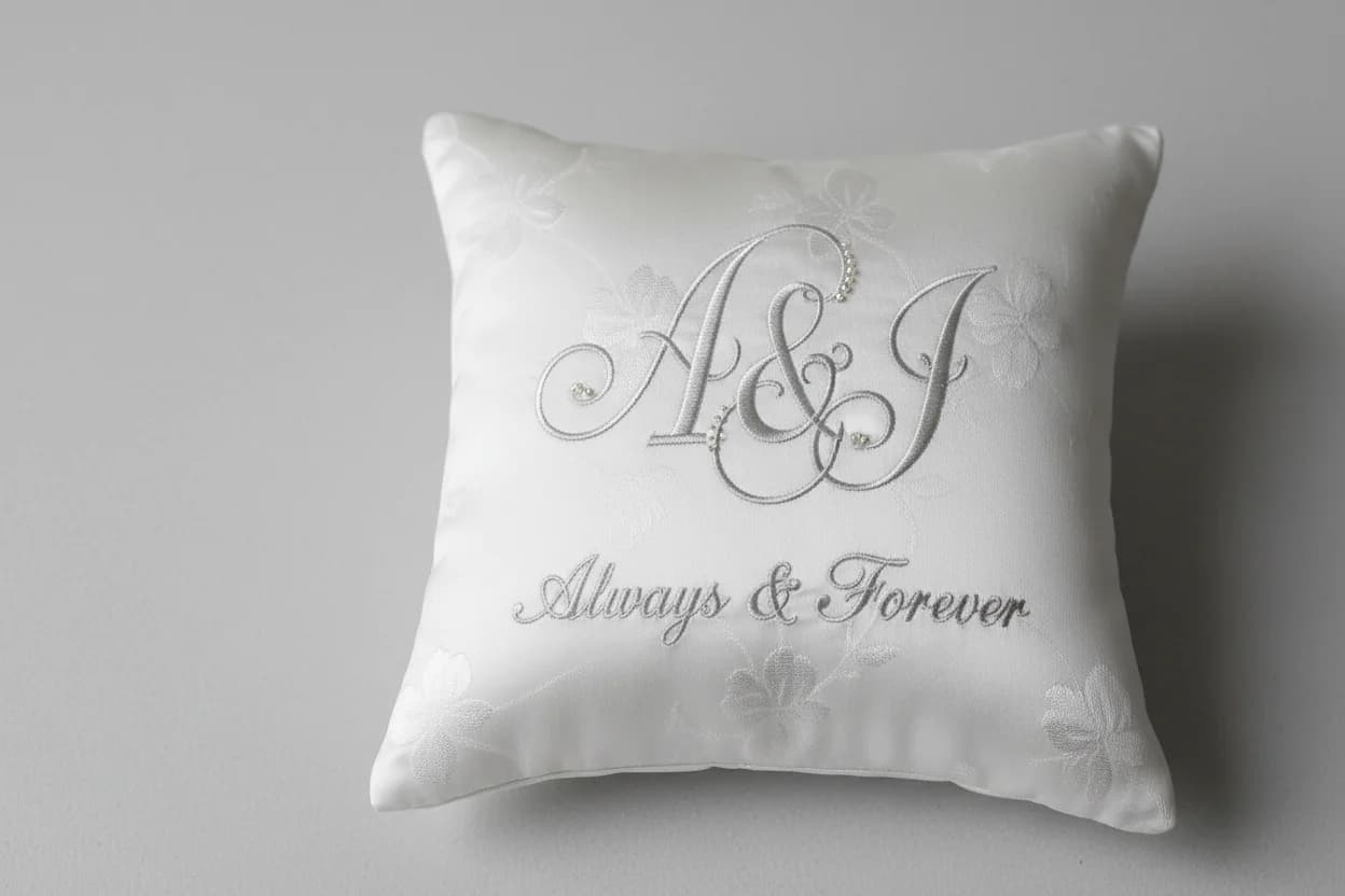 Broderie mariage : coussin « A&J, Always & Forever » en fil argenté
