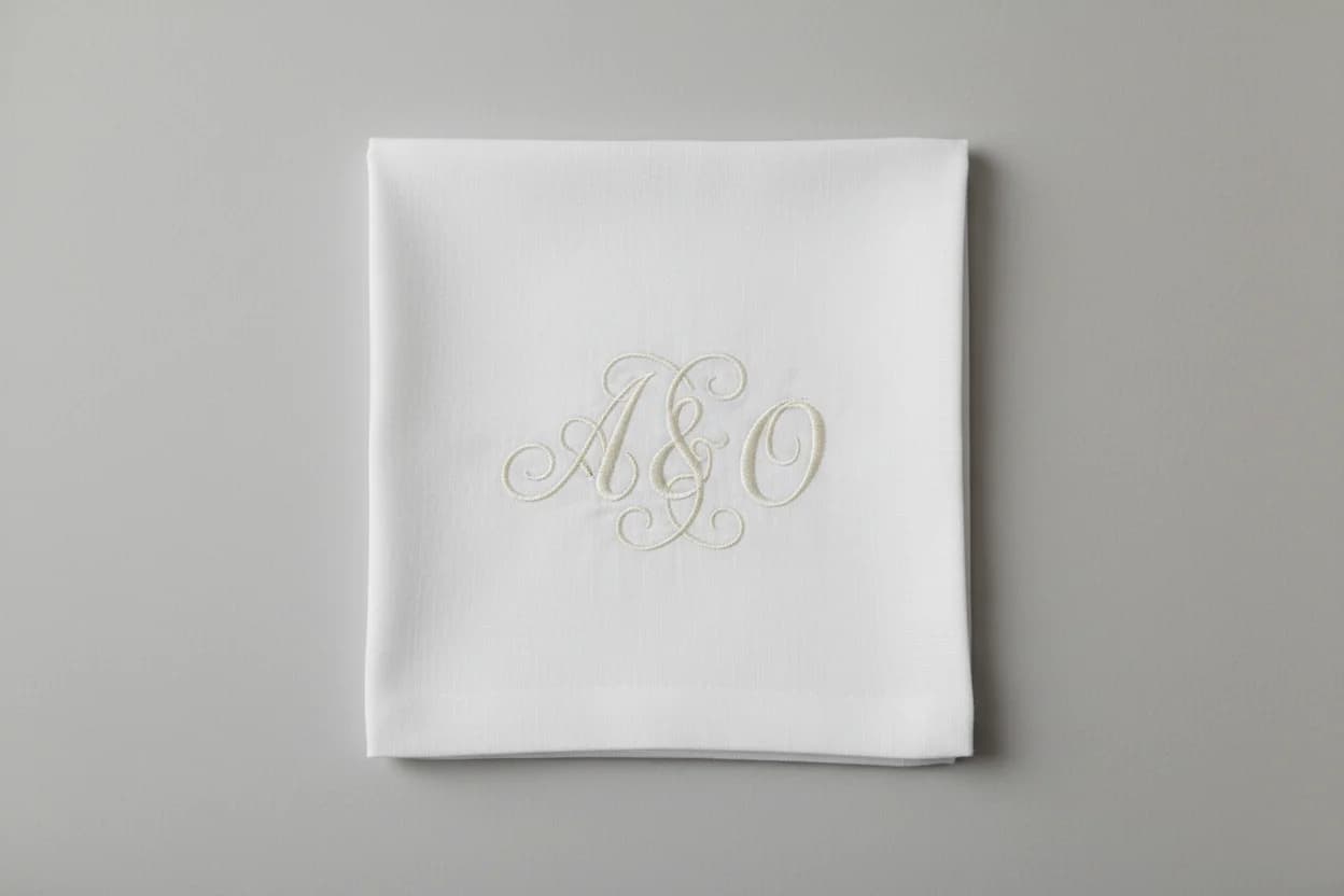 Broderie mariage : mouchoir aux initiales A&O en fil blanc