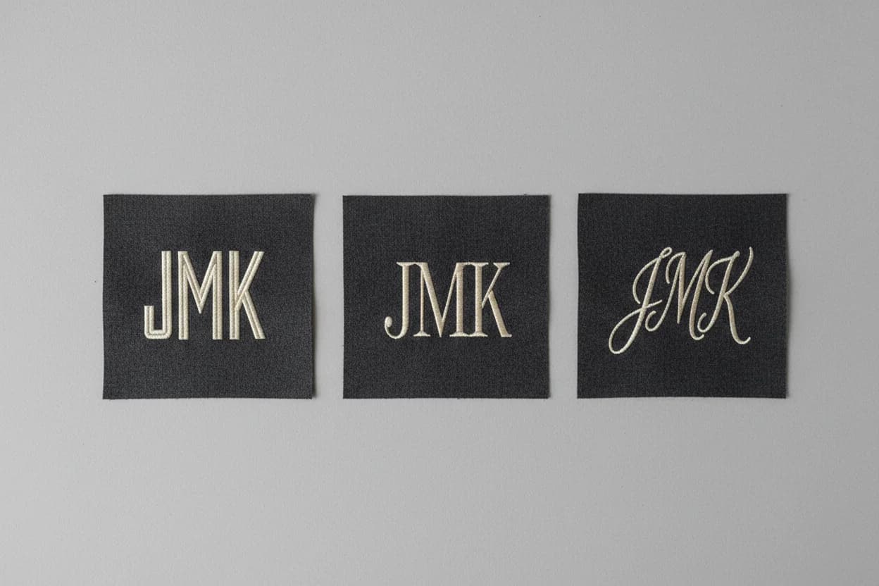 Broderie monogramme JMK en trois styles de lettres sur échantillons noirs