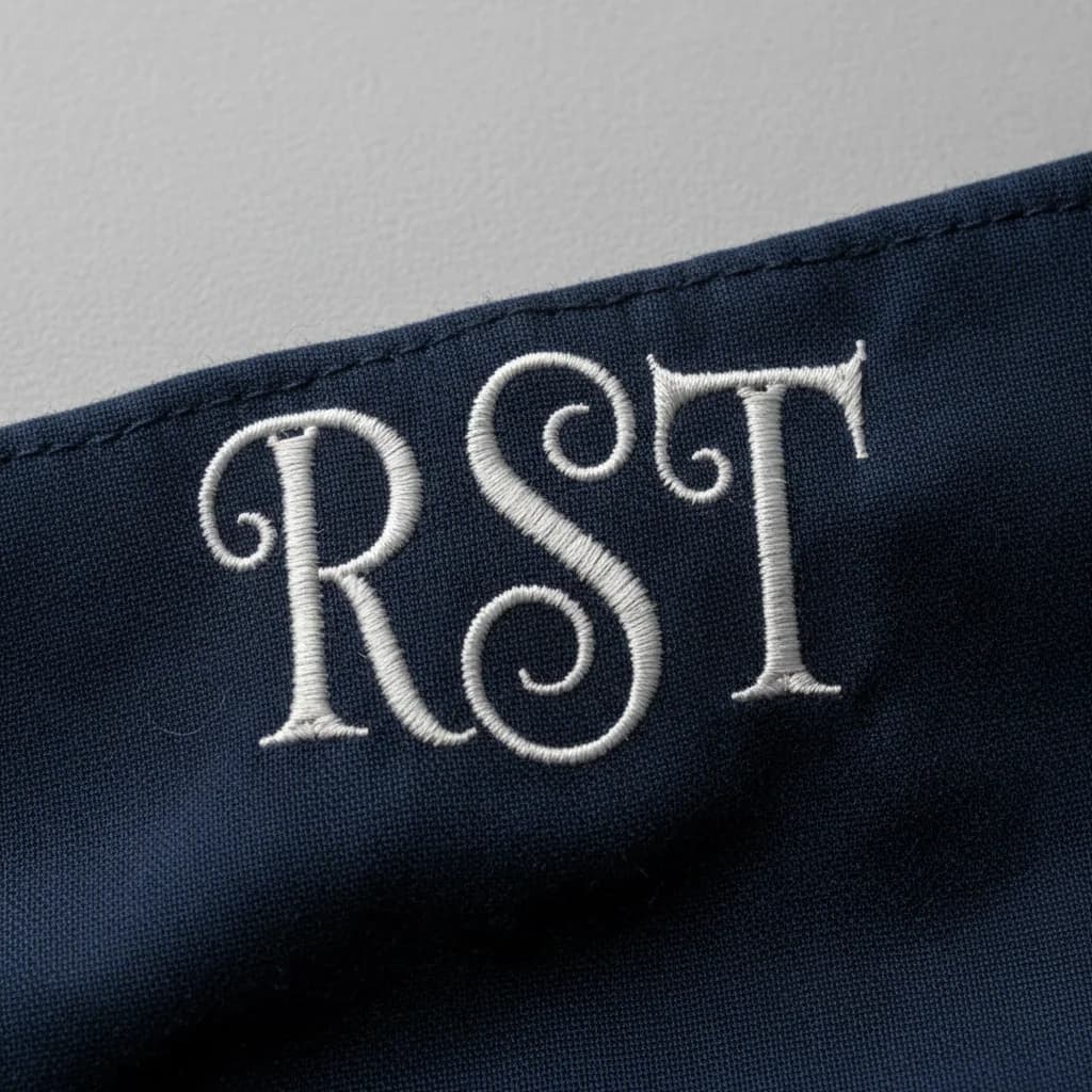 Broderie monogramme RST en fil blanc sur textile marine