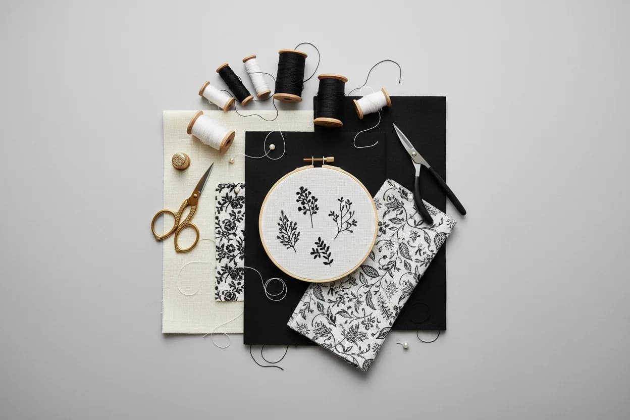 Broderie personnalisée sur vêtements et textiles : tambour, bobines et ciseaux à plat