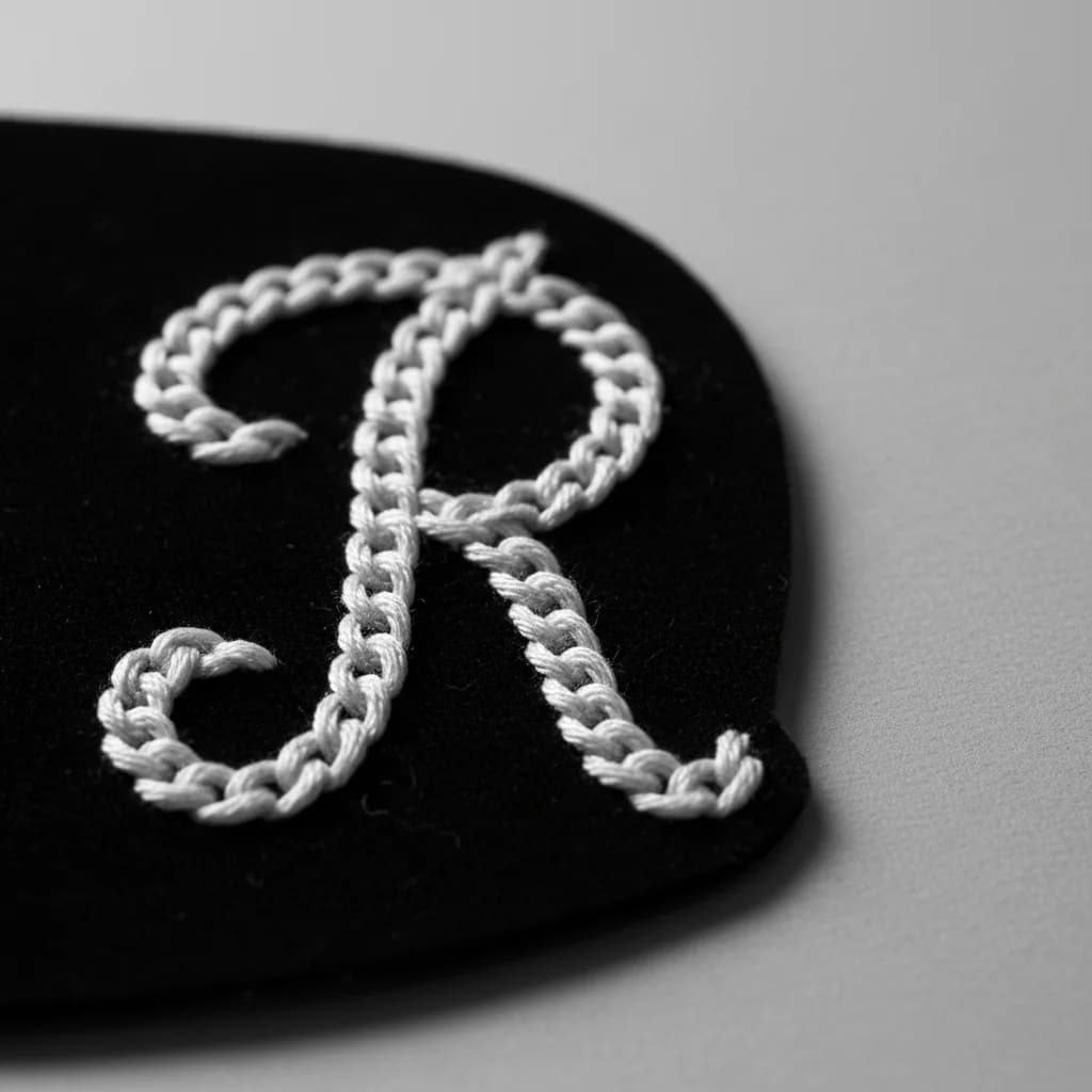 Broderie au point de chaînette : grande lettre R en fil blanc sur textile noir