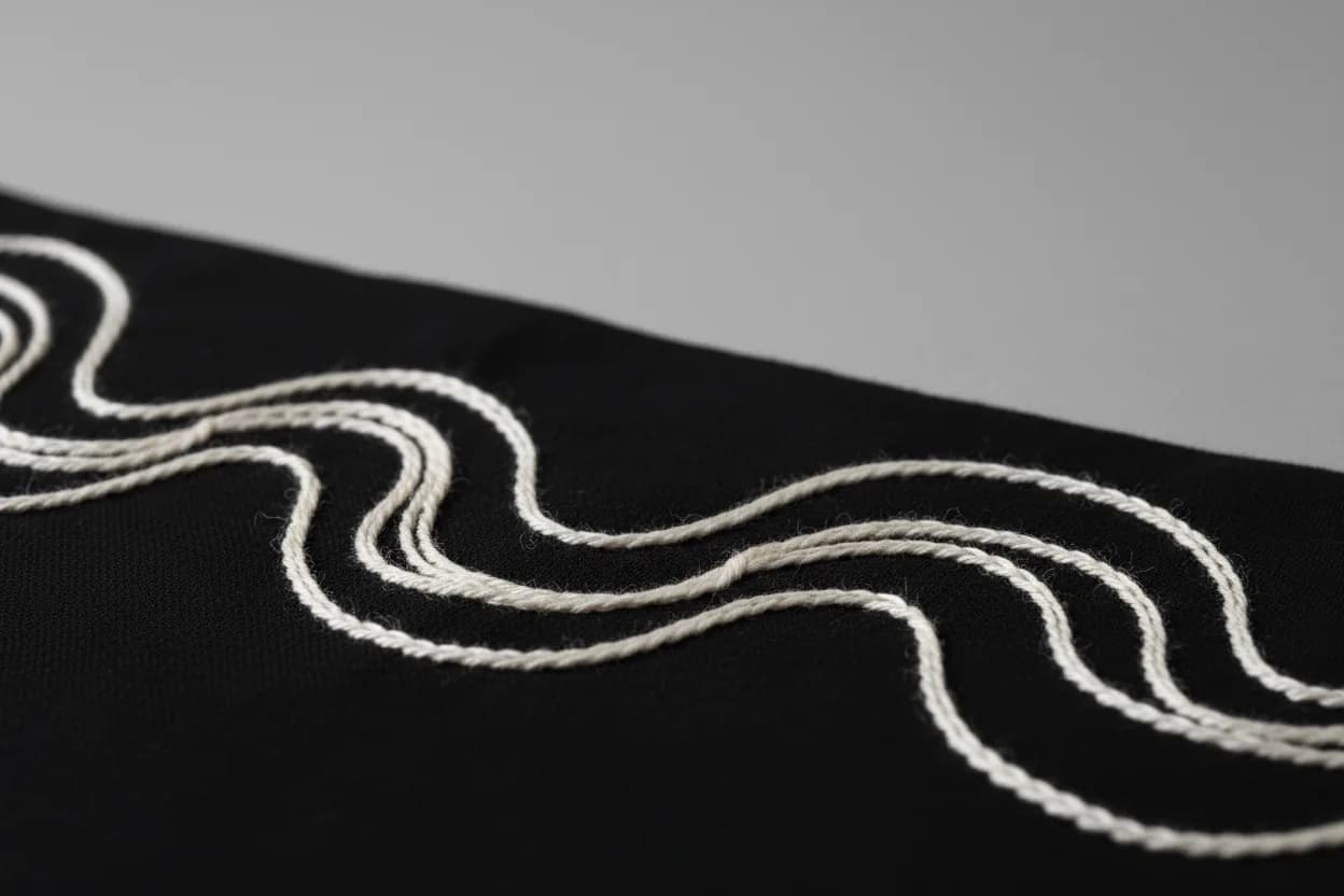 Broderie au point de chaînette : tracé continu en boucles de fil blanc sur noir