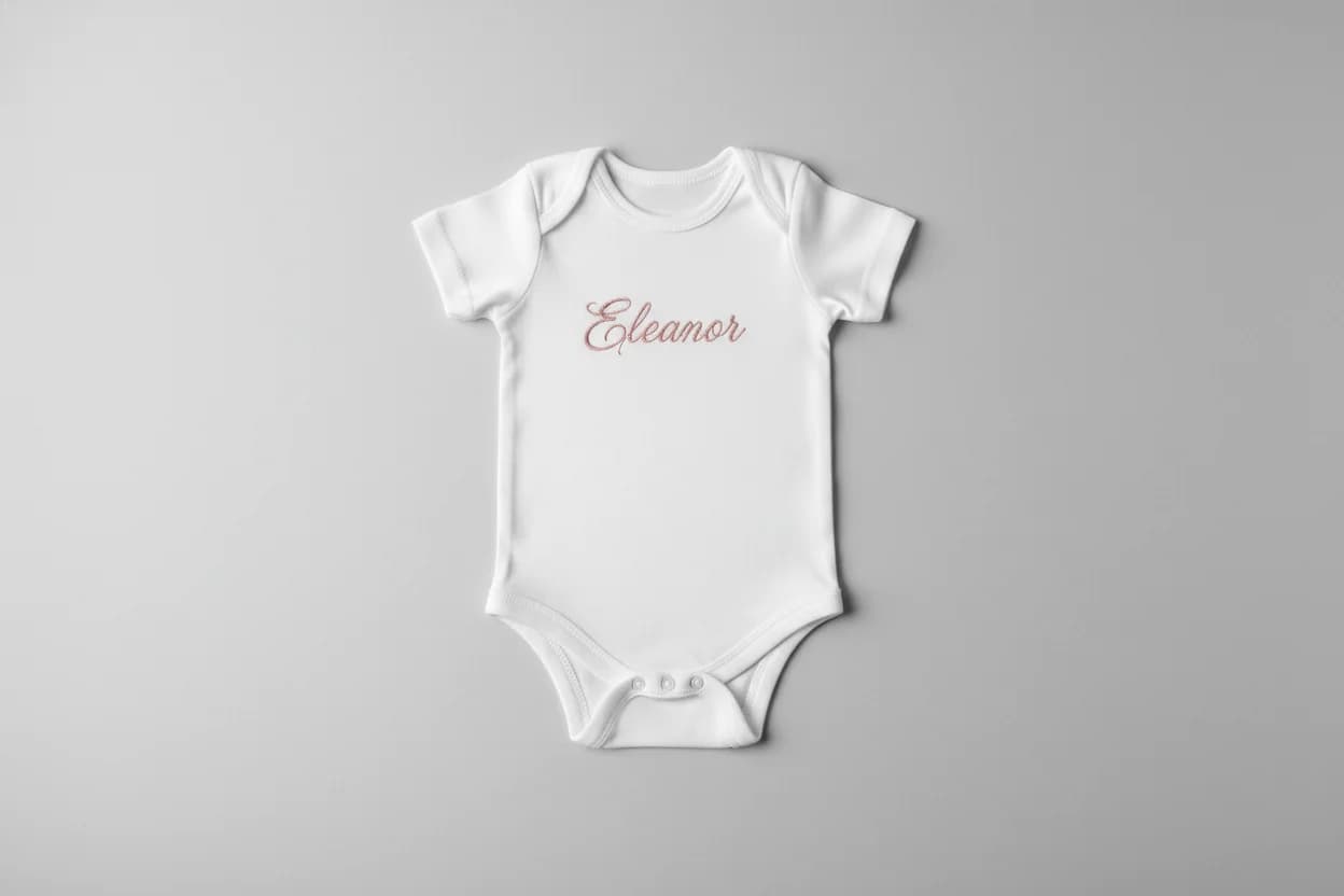 Broderie prénom bébé : body blanc au prénom Eleanor en fil rose