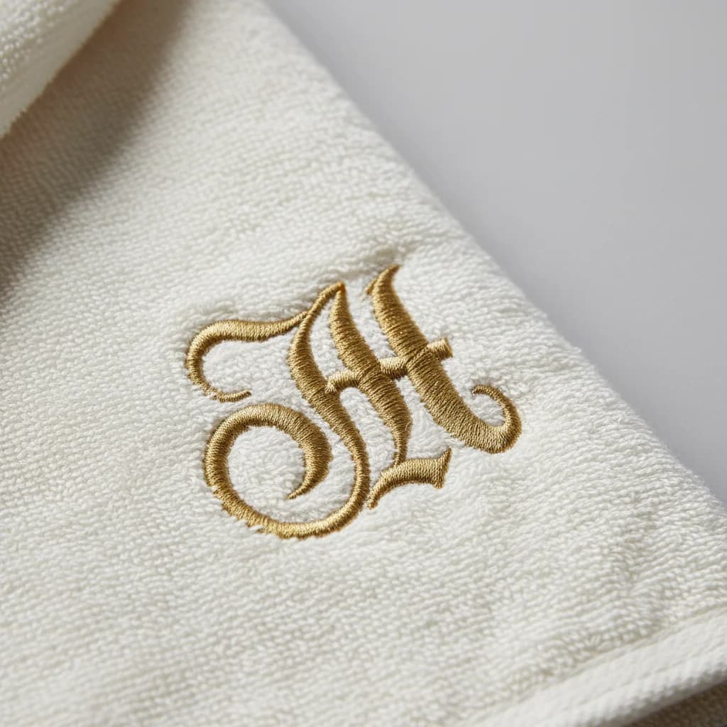 Broderie sur serviette d'hôtel : monogramme H doré sur éponge blanche