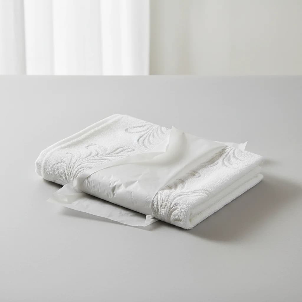 Broderie sur serviette d'hôtel : serviettes blanches pliées, relief ton sur ton