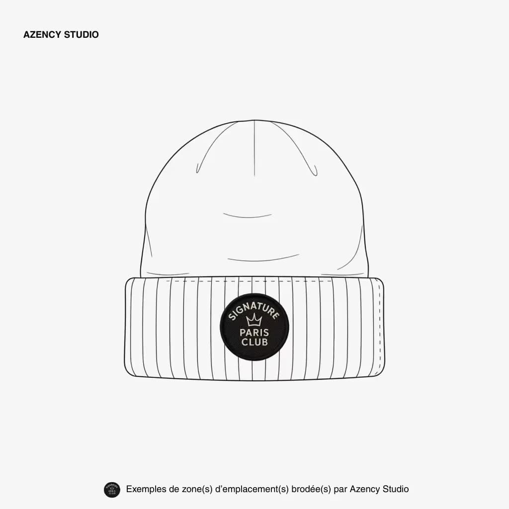 Broderie sur textile, bonnet : logo sur le revers