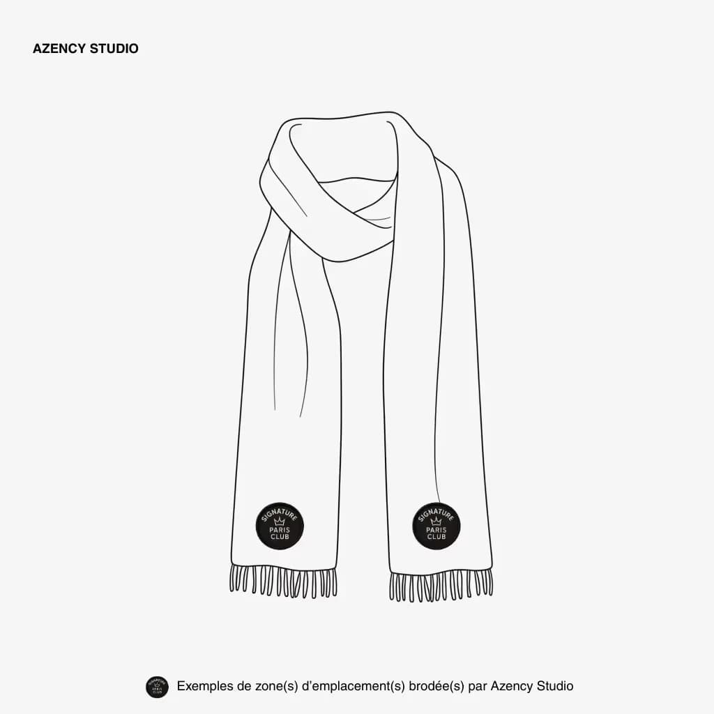 Broderie sur textile, écharpe : logo aux deux extrémités