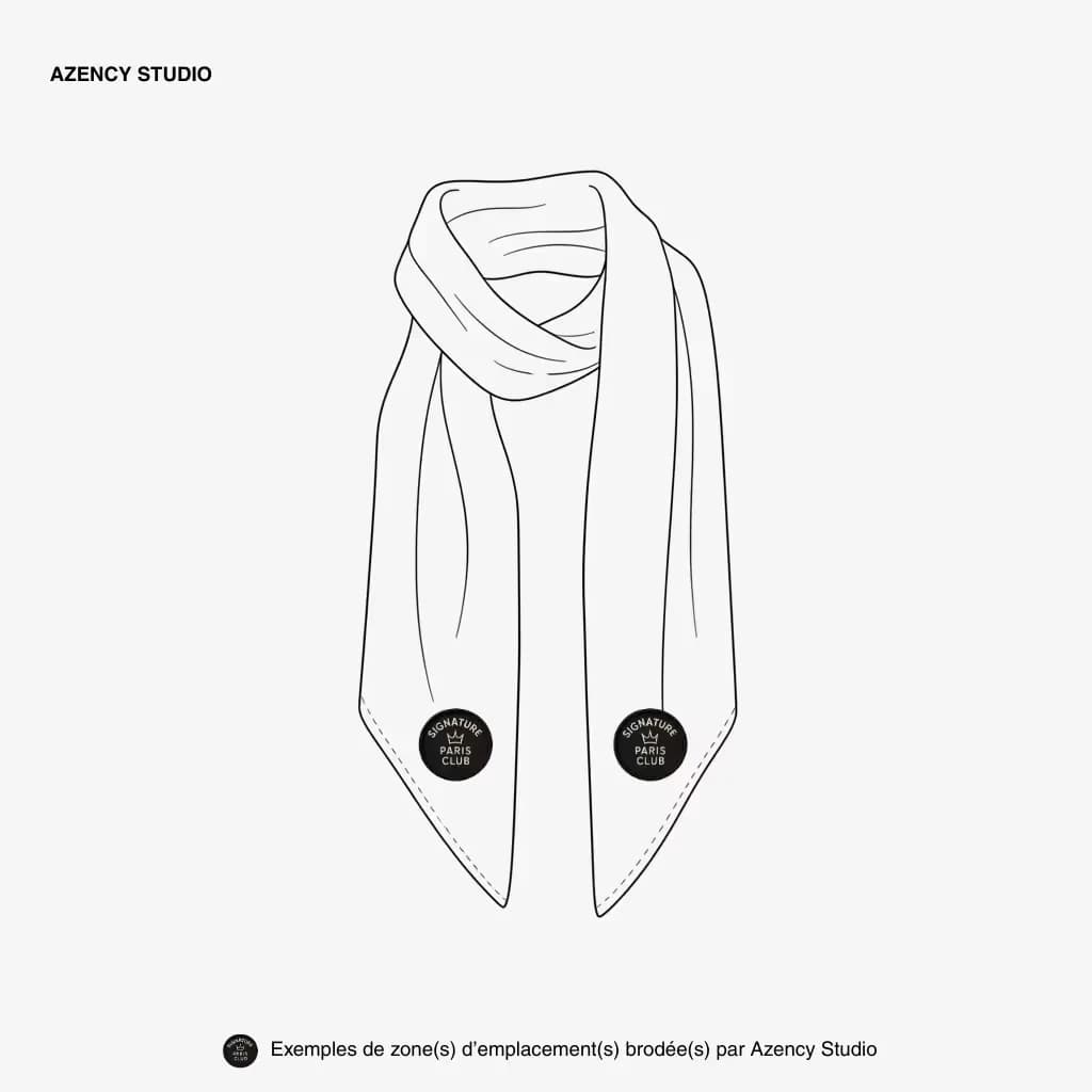 Broderie sur textile, foulard : logo aux deux extrémités