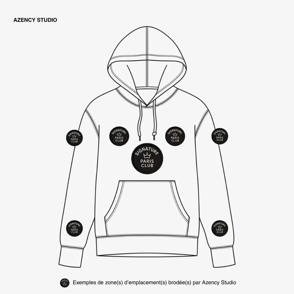 Broderie sur textile, hoodie : emplacements poitrine, côté cœur, manches et poignets