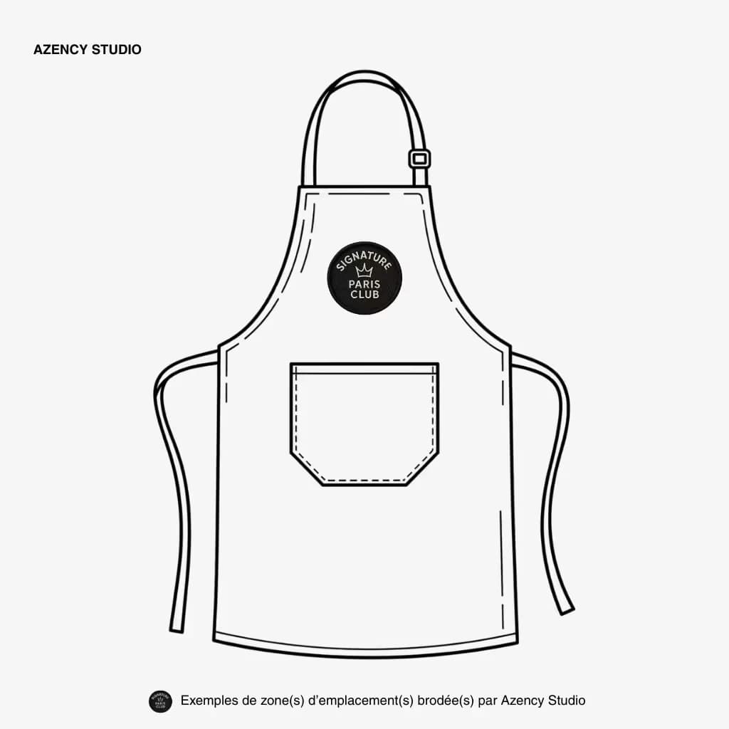 Broderie sur textile, tablier : logo au niveau de la poitrine