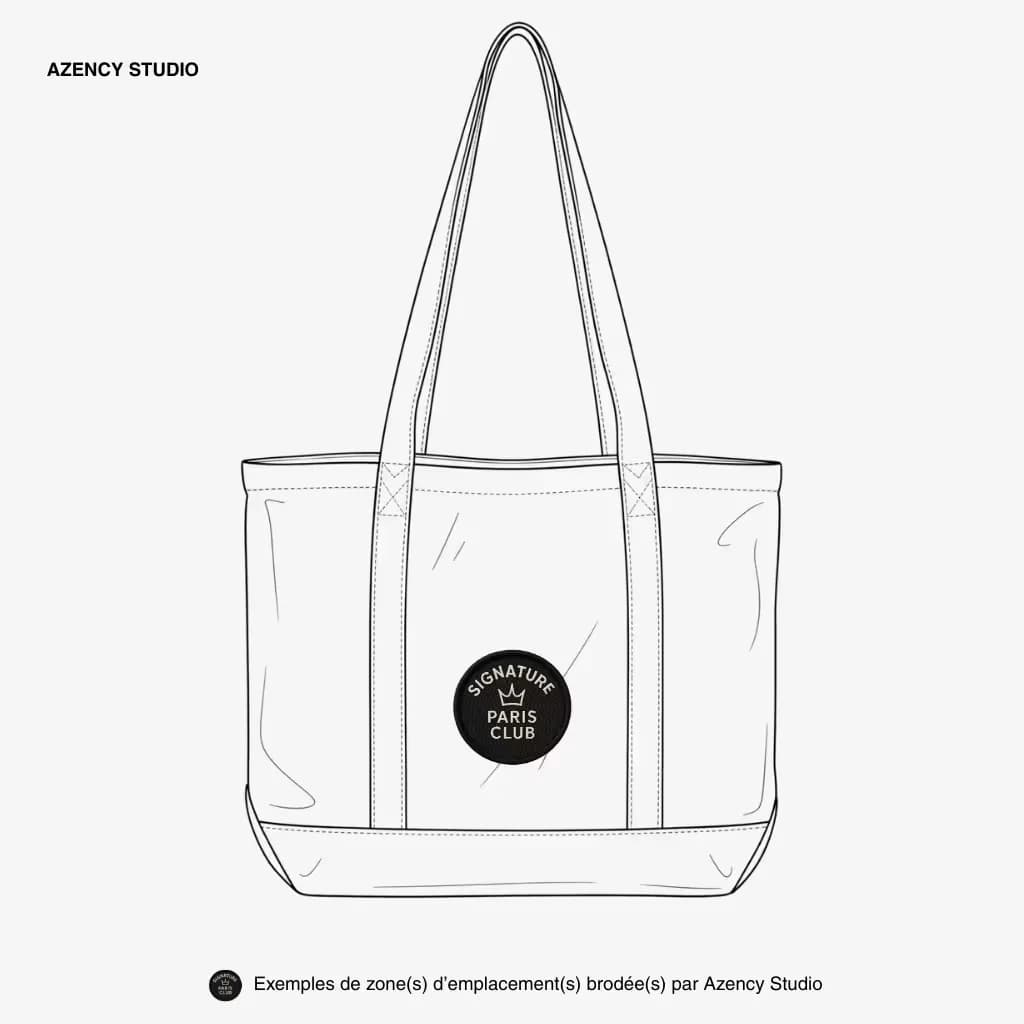 Broderie sur textile, tote bag : logo au centre de la toile