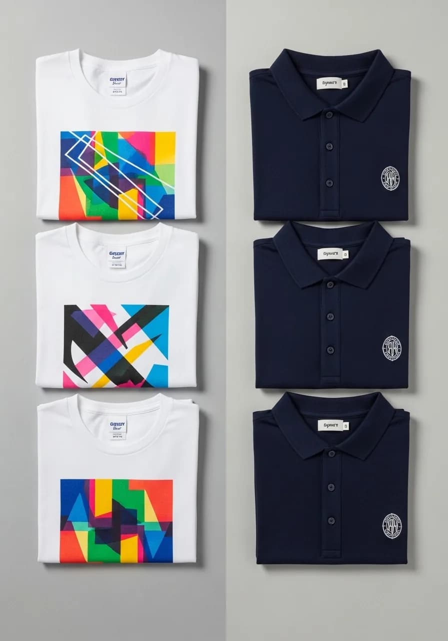 Sérigraphie textile pour entreprise : trois t-shirts sérigraphiés et trois polos brodés