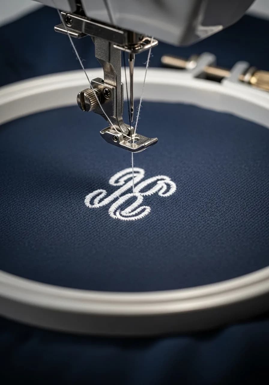 Sérigraphie vs broderie : aiguille de machine à broder sur un monogramme blanc