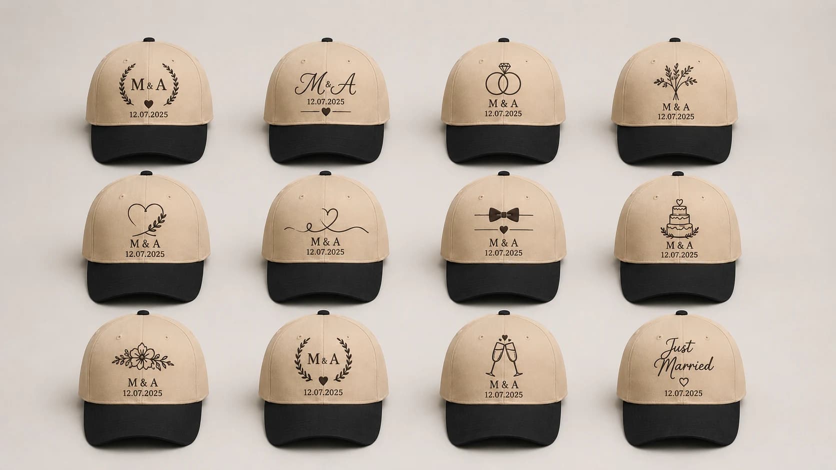 Broderie mariage : série de casquettes aux initiales des mariés