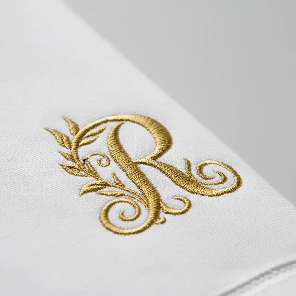Broderie mariage : serviette blanche au monogramme R doré