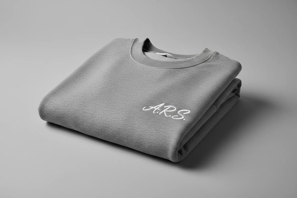 Sweat brodé personnalisé gris, initiales A.R.S. en blanc