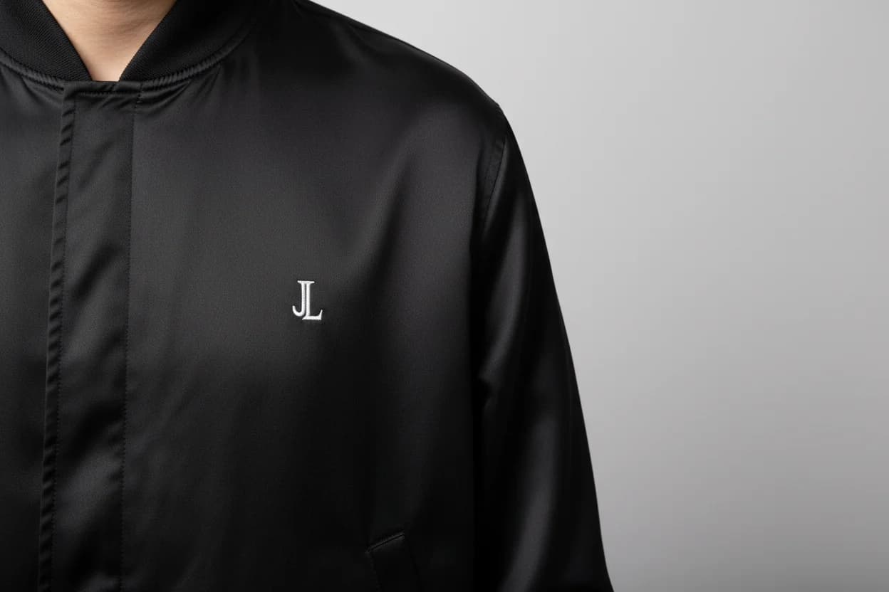 Textile pour la broderie : blouson noir en tissu technique, initiales JL brodées