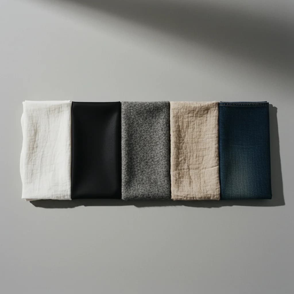 Textile pour la broderie : cinq tissus pliés, du blanc au bleu marine