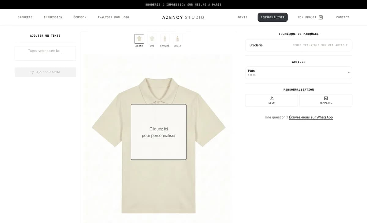 Broderie et impression à Paris : le configurateur en ligne, polo écru en aperçu et choix de la technique