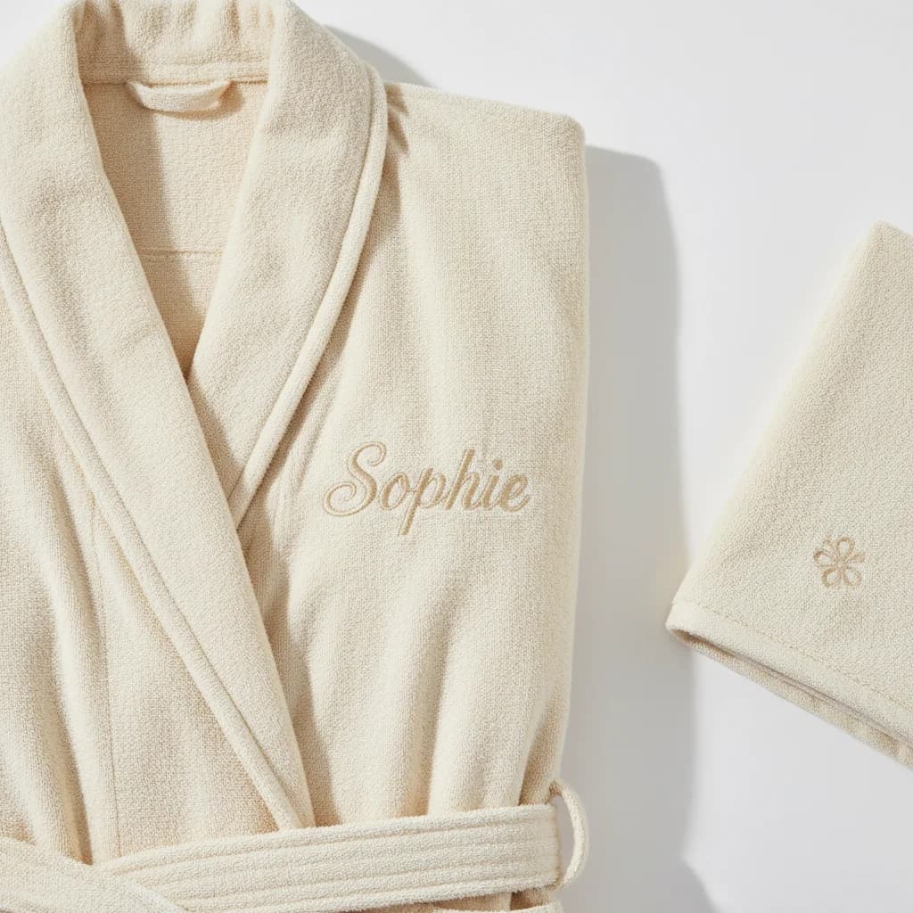 Animation broderie : peignoir écru brodé du prénom Sophie