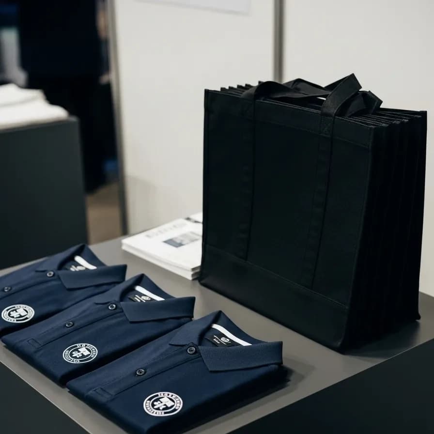 Animation broderie en salon professionnel : polos brodés et totes sur le stand