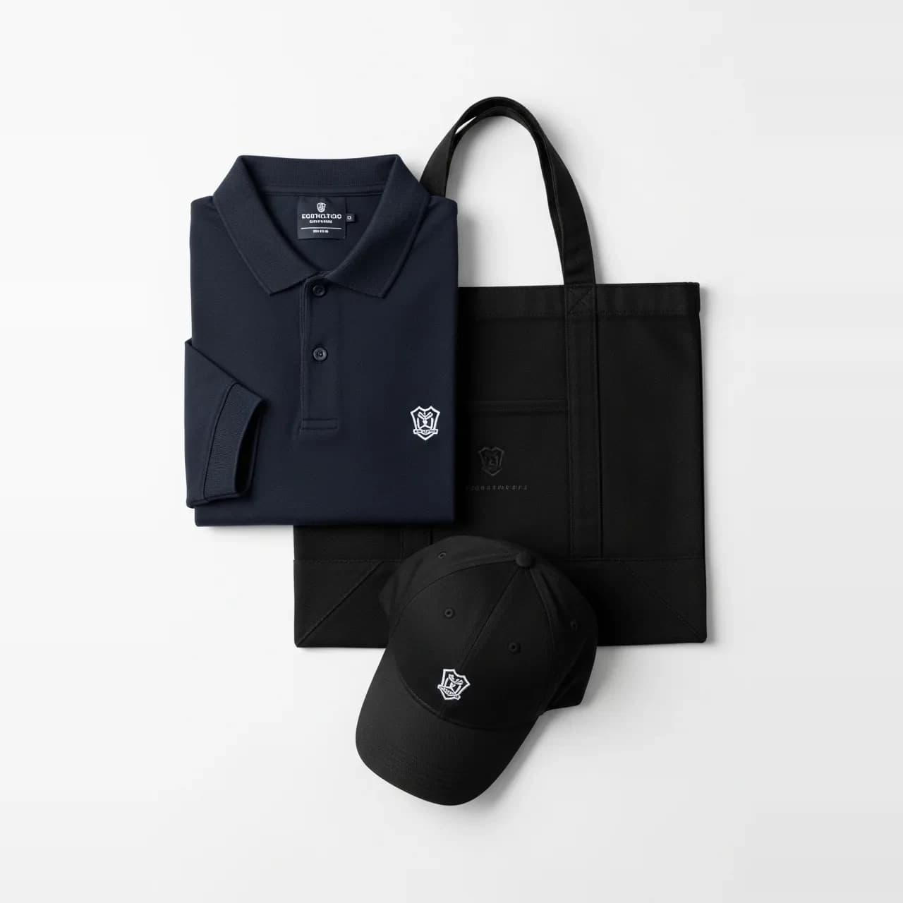 Animation broderie pour séminaire : kit polo marine, tote noir et casquette brodés