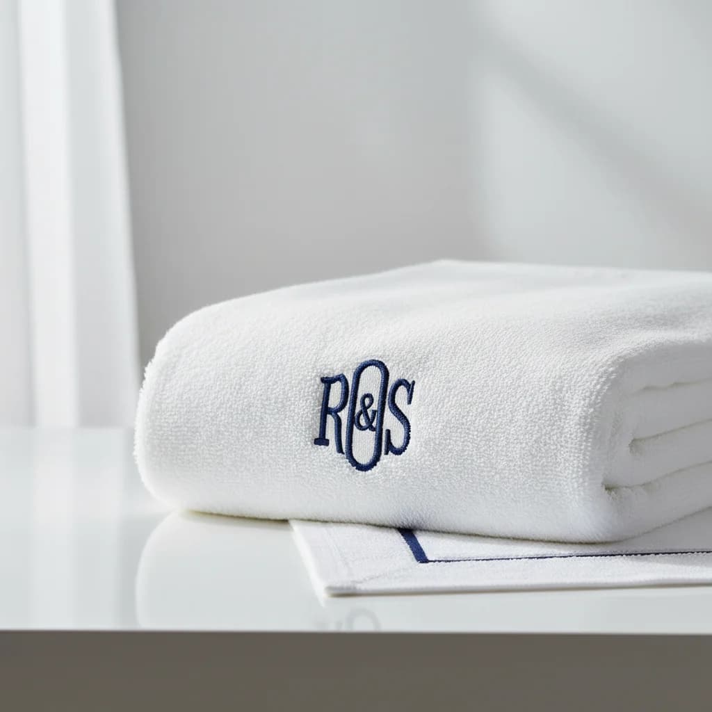 Animation broderie : serviette de bain blanche brodée R&S en fil marine