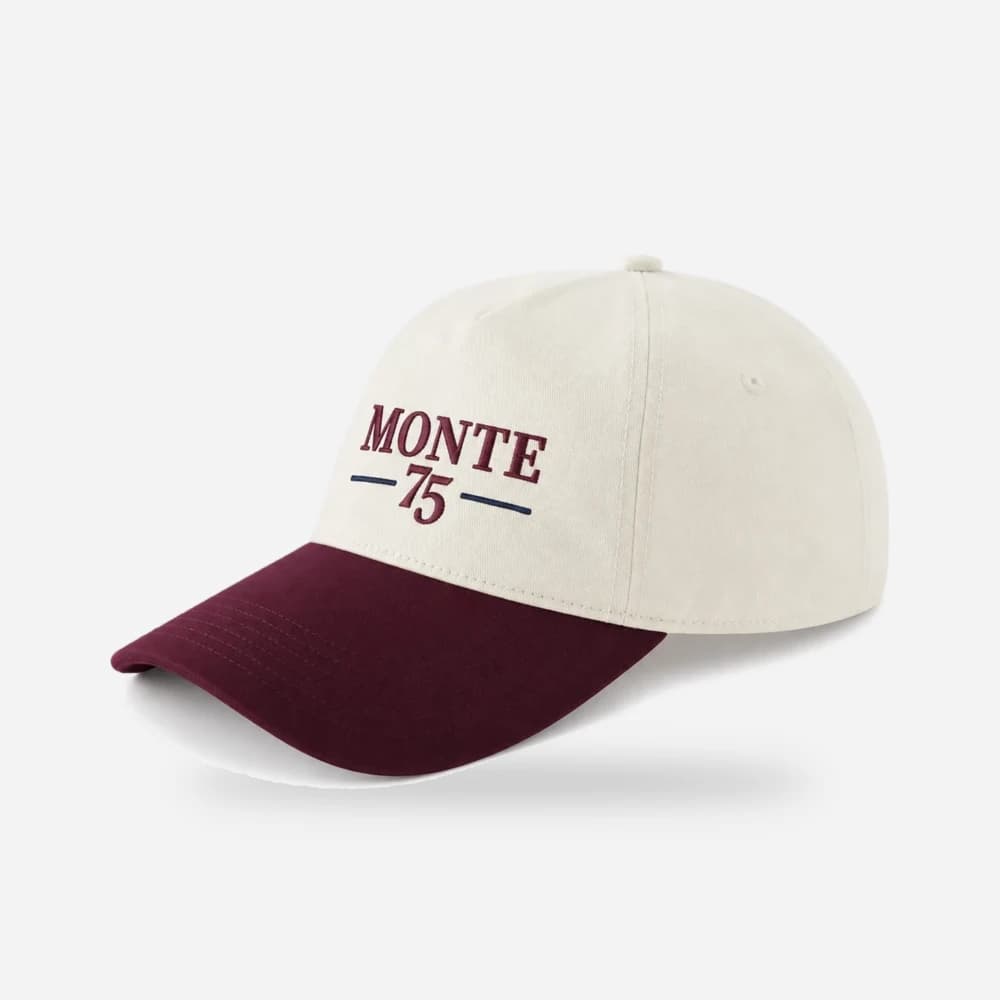 Casquette 5 panneaux écrue à visière bordeaux, Monte 75 brodé