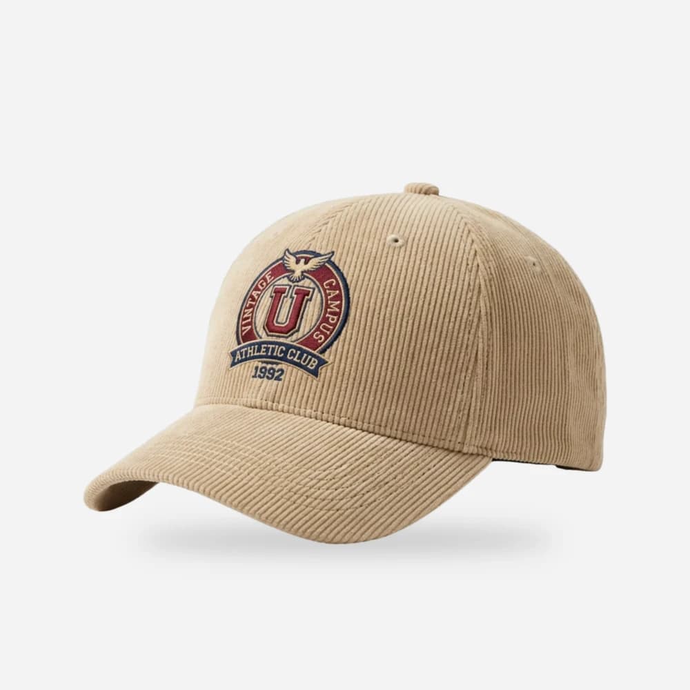 Casquette en velours côtelé beige, blason universitaire brodé