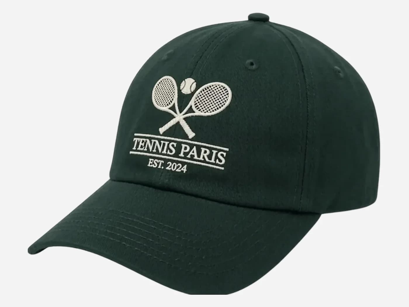 Casquette brodée personnalisée vert sapin, broderie classique à plat Tennis Paris