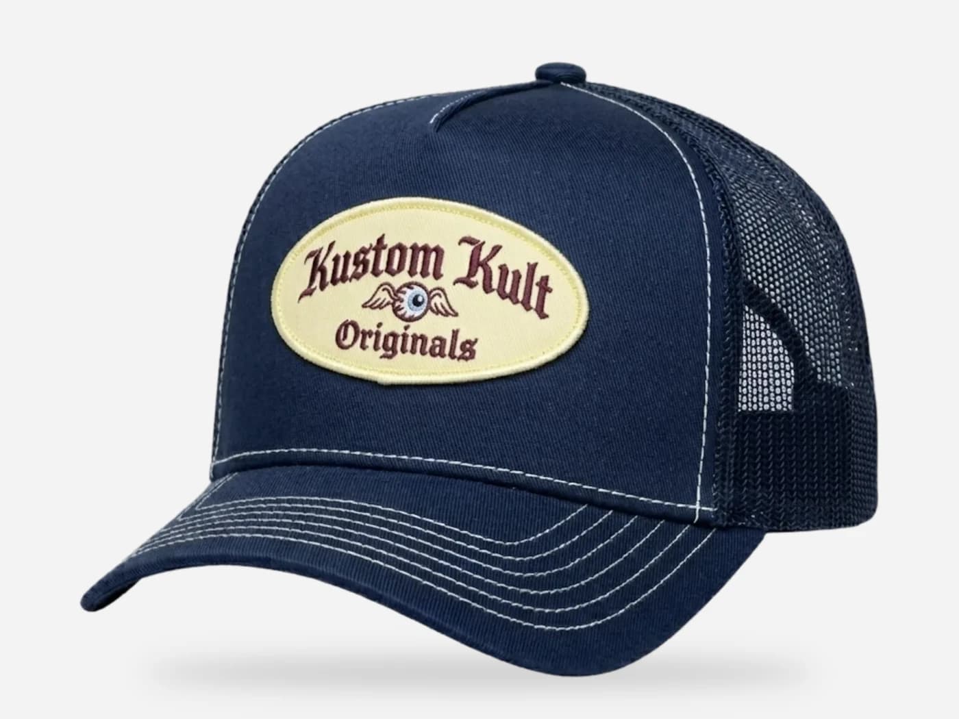 Casquette brodée personnalisée trucker marine, écusson brodé Kustom Kult appliqué