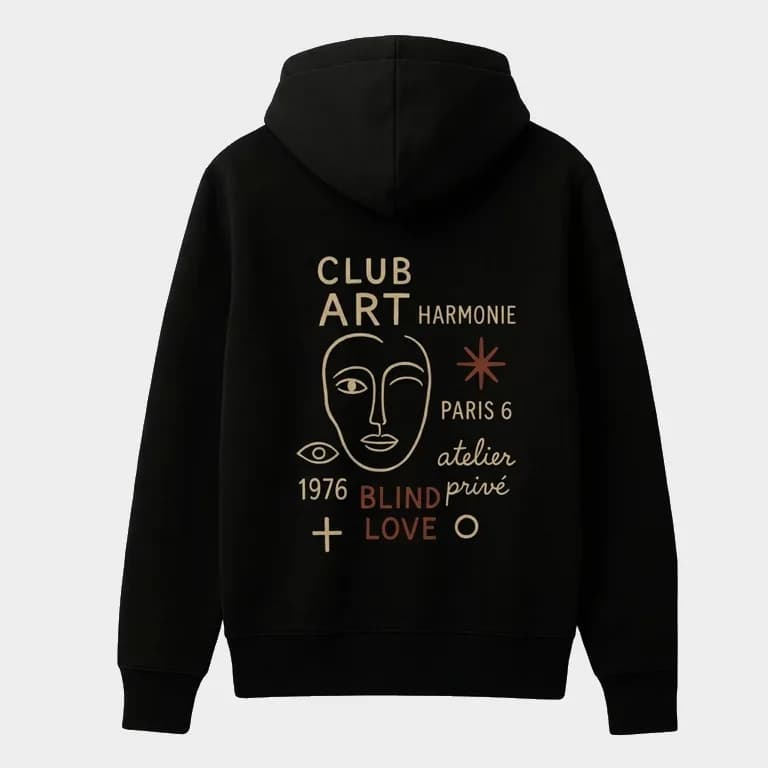 Impression personnalisée sur hoodie noir : Club Art Harmonie au dos