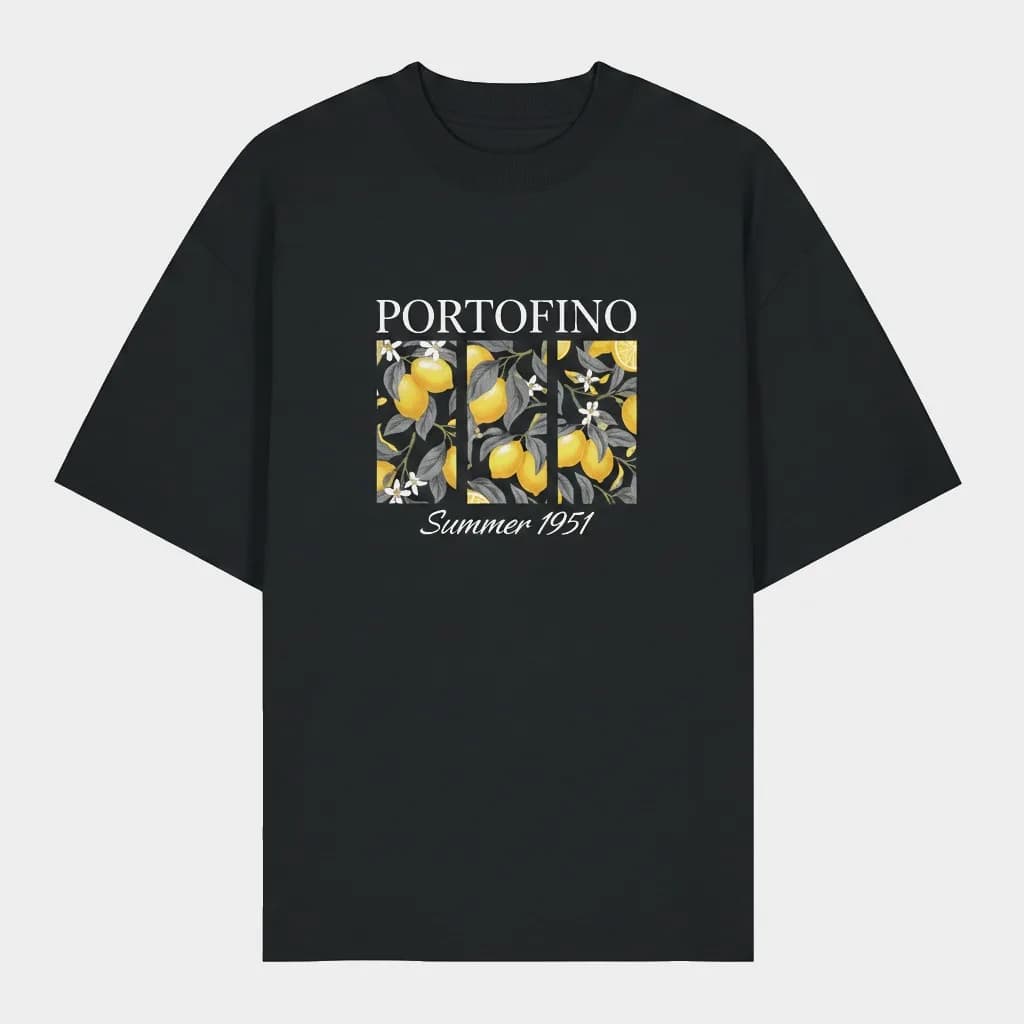 Impression personnalisée sur t-shirt noir : Portofino Summer 1951, motif citrons