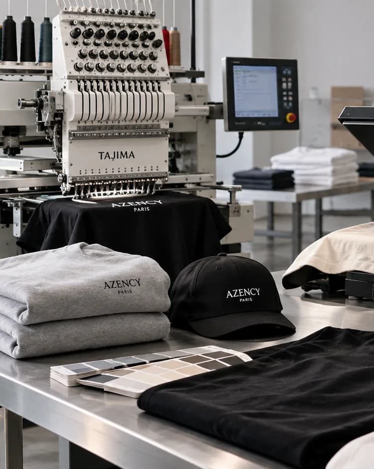 Logo brodé personnalisé à l'atelier : t-shirt sous la machine à broder, sweat et casquette brodés du même logo