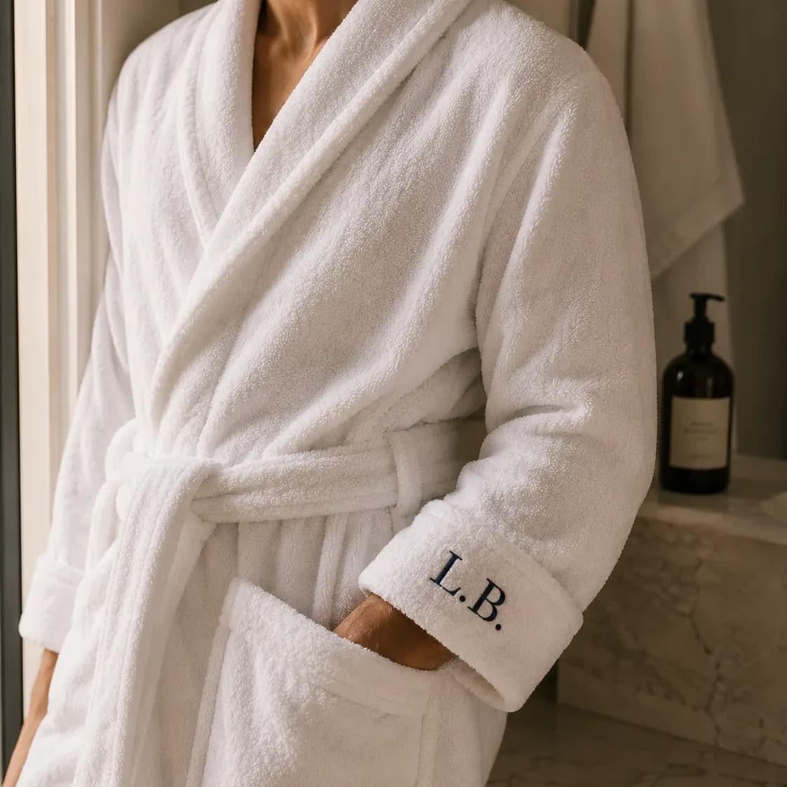 Peignoir brodé personnalisé, initiales L.B. sur la manche