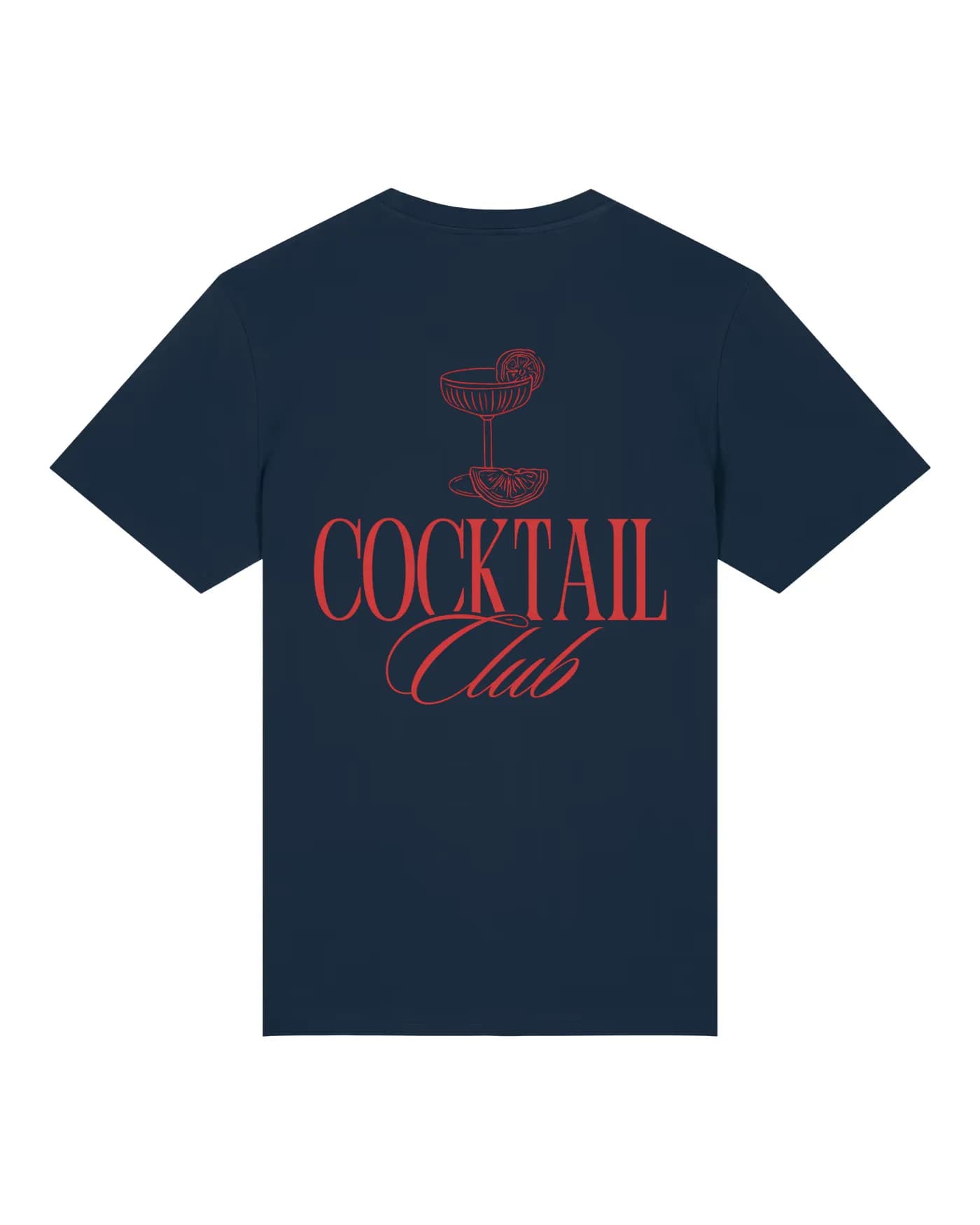 Impression personnalisée en sérigraphie sur t-shirt marine : logo Cocktail Club rouge en aplat