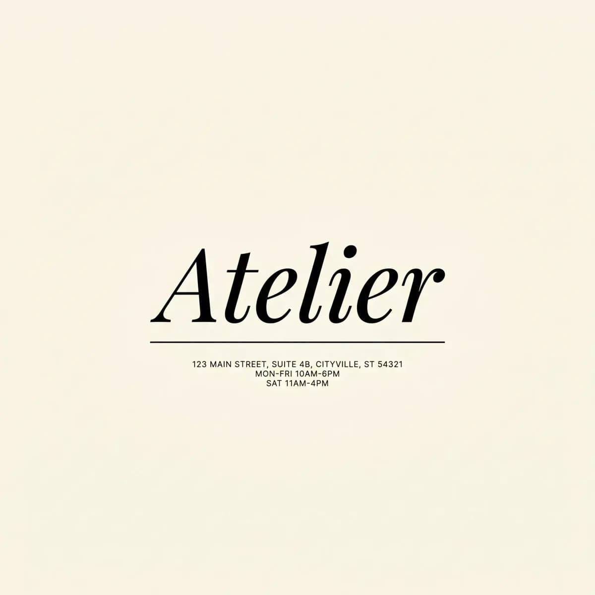 Logo pour broderie : Atelier en serif italique, baseline sous 4 mm illisible une fois brodée