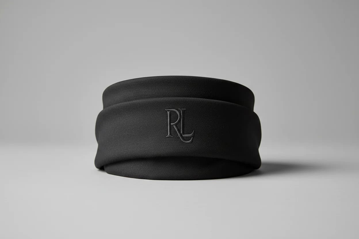 Bandana brodé personnalisé noir plié en bandeau, monogramme RL ton sur ton