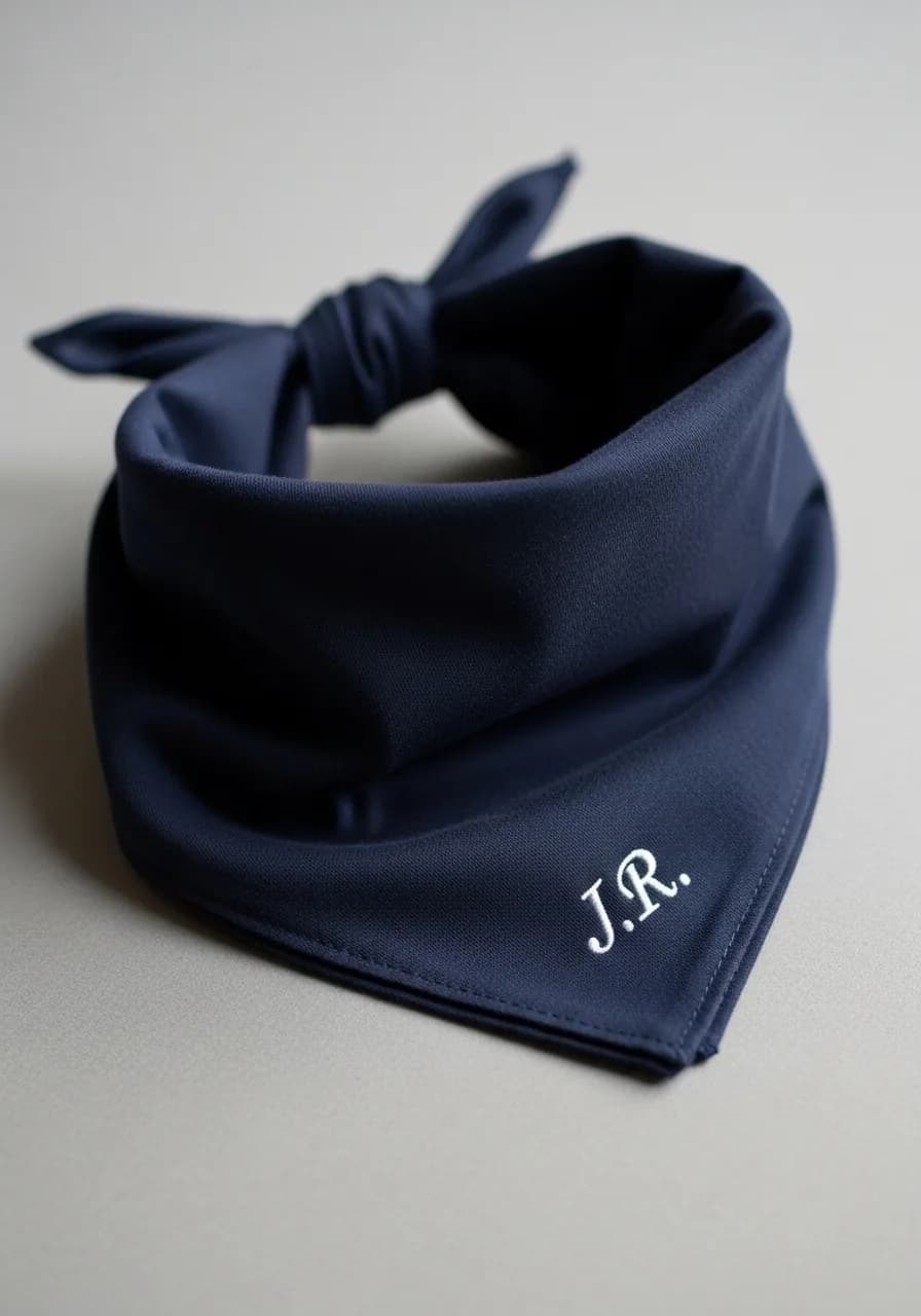 Bandana brodé personnalisé plié en triangle, monogramme J.R. dans l'angle