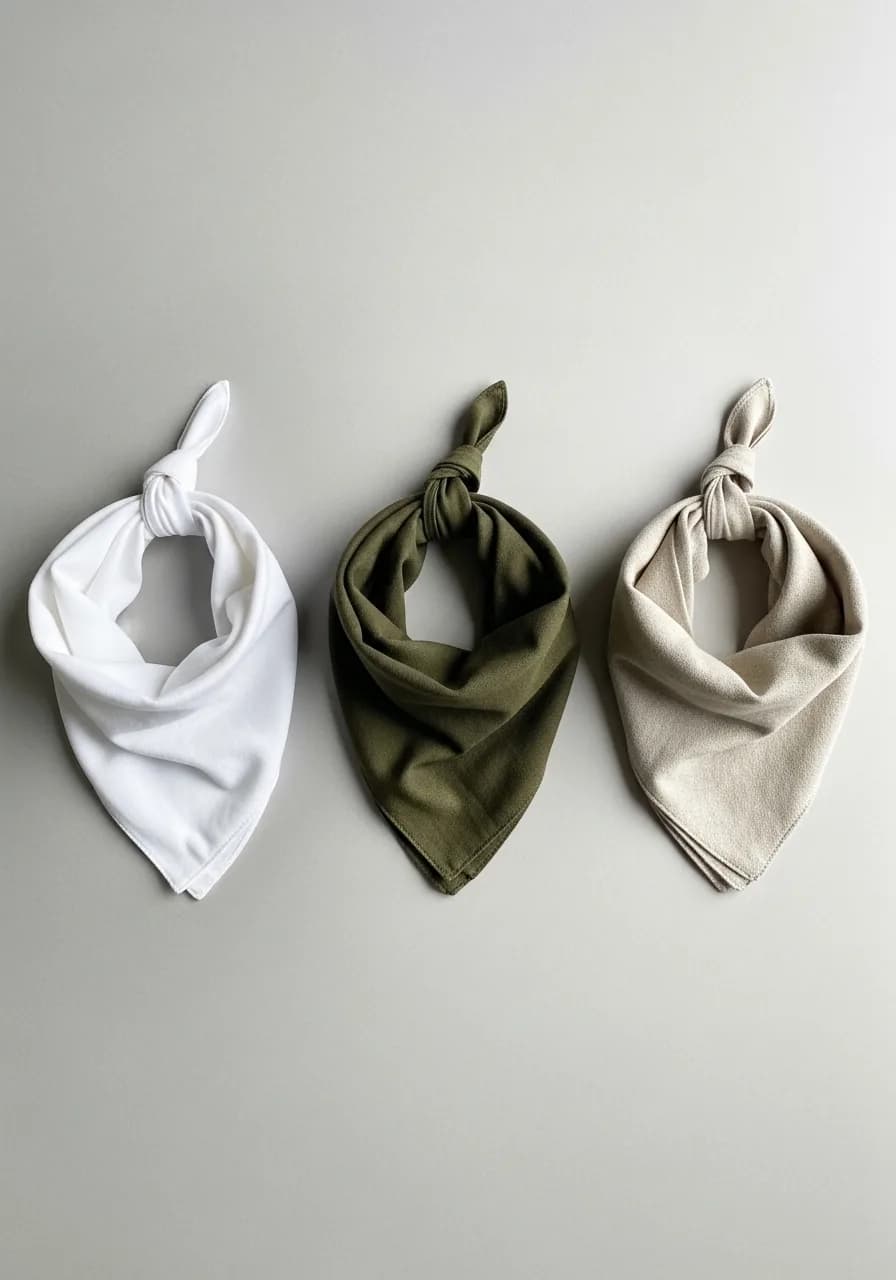 Bandana brodé personnalisé en trois tissus : voile blanc, twill kaki, lin naturel