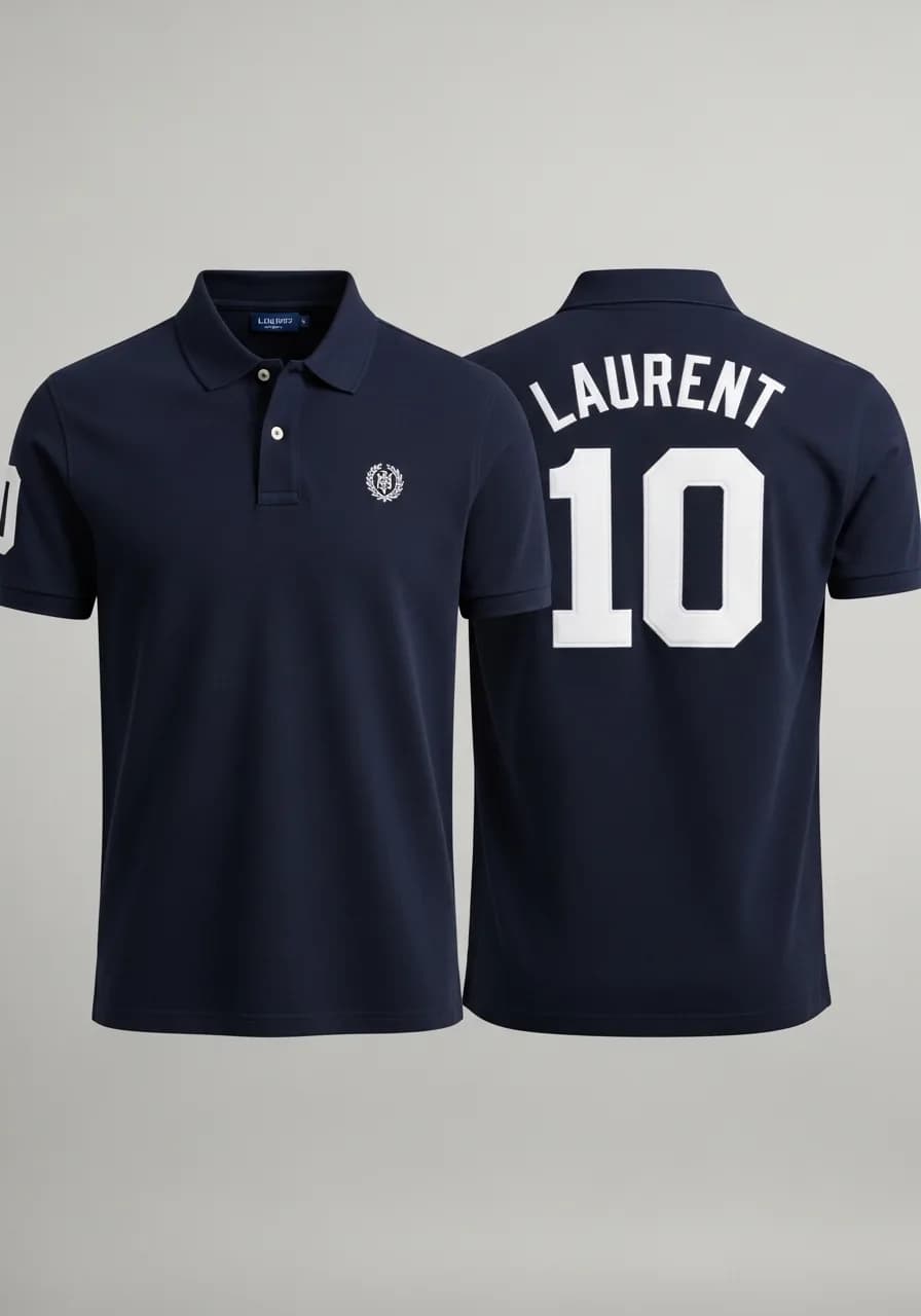 Broderie pour club et association sportive : polo Laurent 10, logo brodé devant et numéro floqué au dos