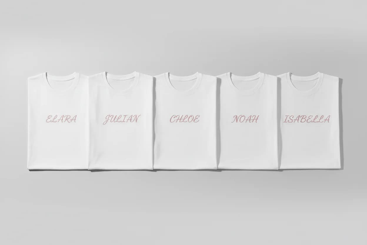 Broderie EVJF et EVG : cinq t-shirts blancs aux prénoms brodés en rose