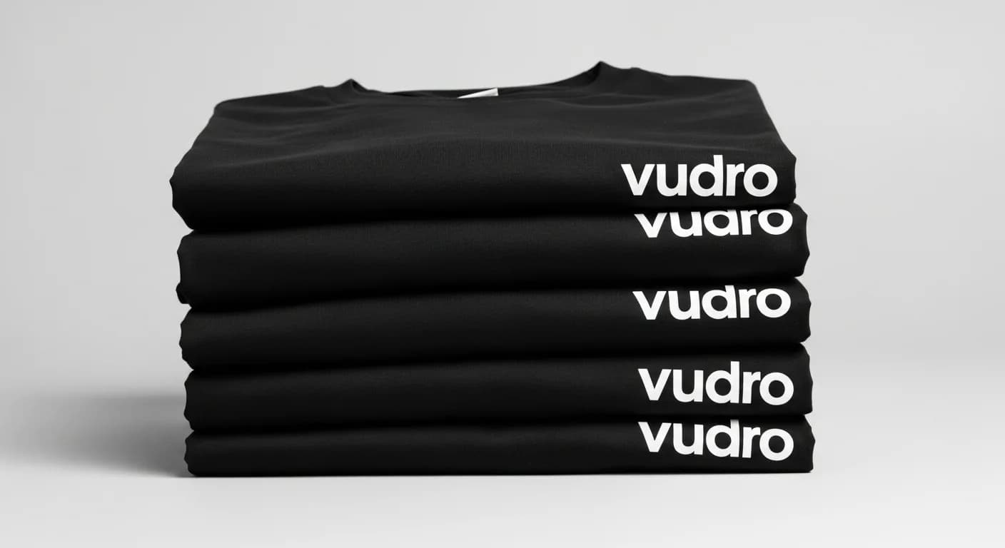 Broderie ou flocage, et l'impression : pile de t-shirts noirs Vudro