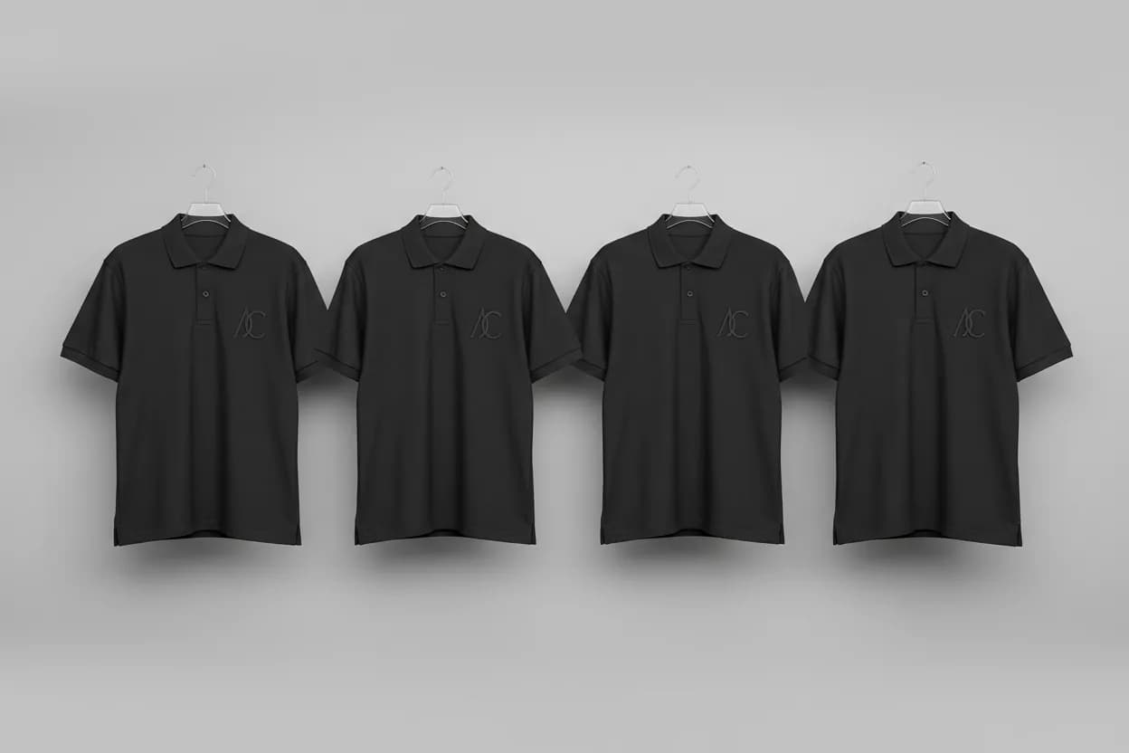 Broderie logo entreprise : quatre polos noirs d'uniforme sur cintres